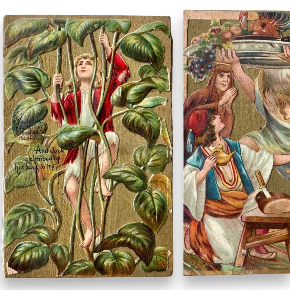 Victorian Antique Fairytale Toy Wood Block Jack & the Beanstalk/ Aladdin’s Lamp
